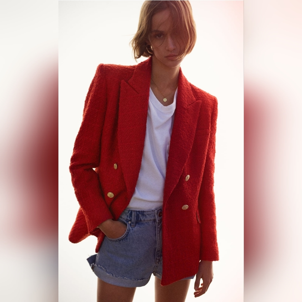 ZARA Red Textured Double Breasted Blazer